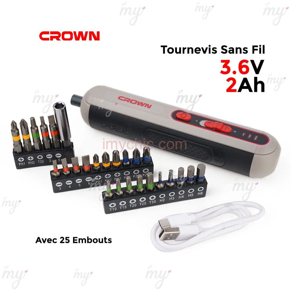 Tournevis Sans Fil 3.6V 2Ah Avec 25 Embouts Crown CT22053 TB - imychic