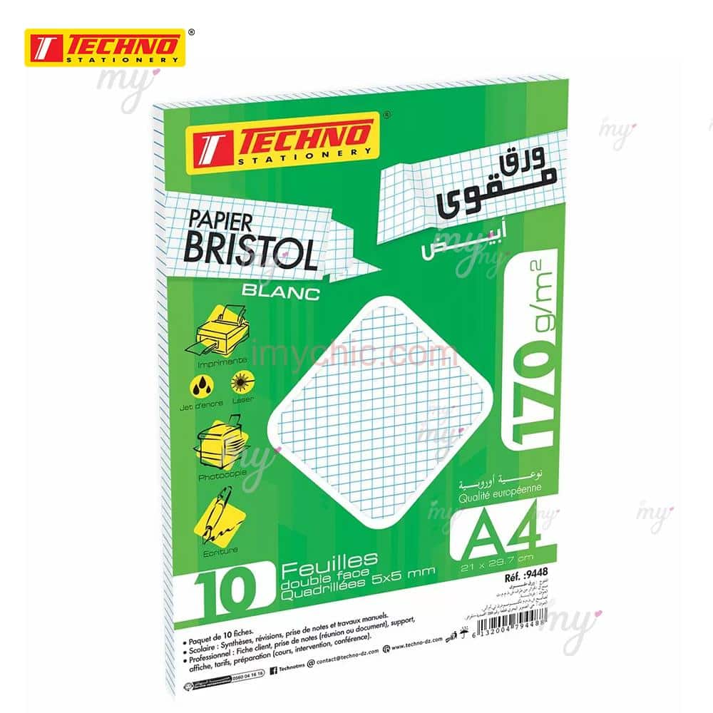 Fiche Bristol 10 feuilles Blanc 05x05mm A4 Techno 9448 - imychic
